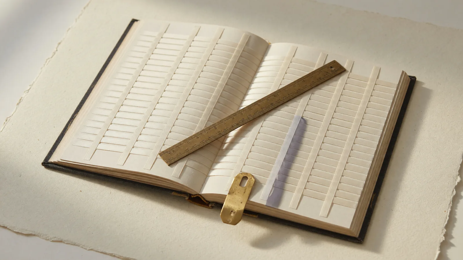 Free YouTube subtitle extractor complete guide: an open reference volume of blank caption strips with a brass ruler
